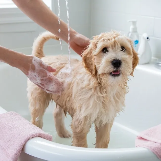 Blonde-mini-goldendoodle-bathing