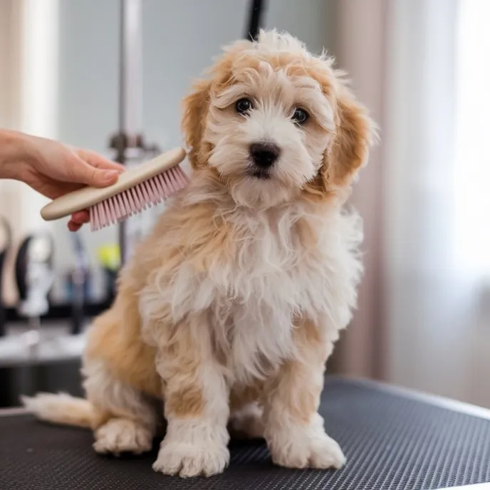 Blonde-mini-goldendoodle-brushing