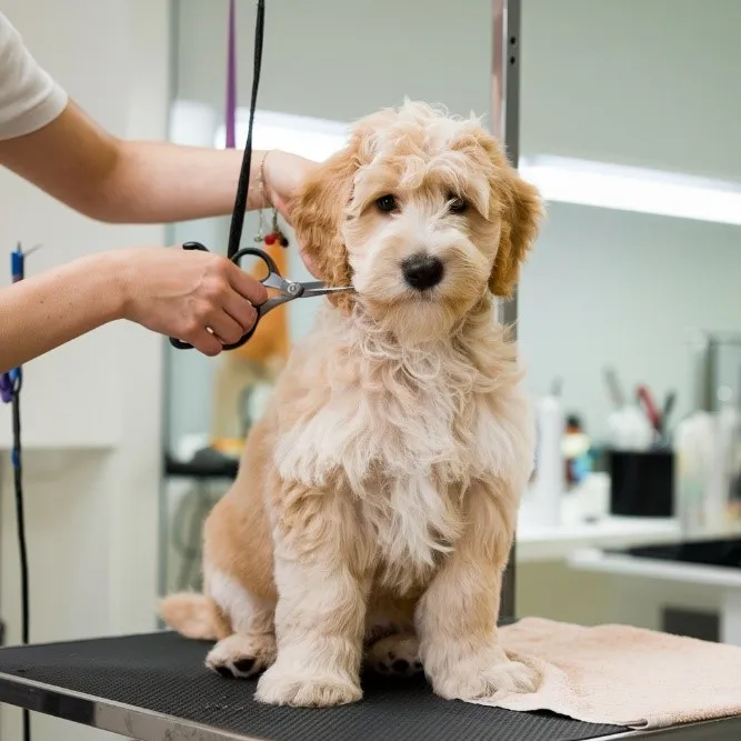 Blonde-mini-goldendoodle-trimming