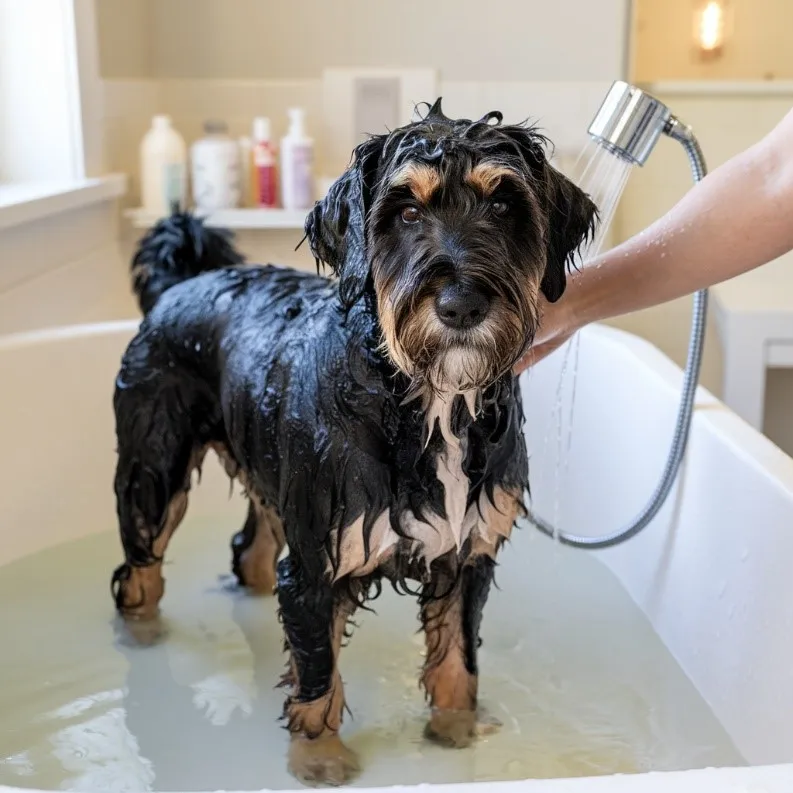 Phantom-mini-goldendoodle-bathing